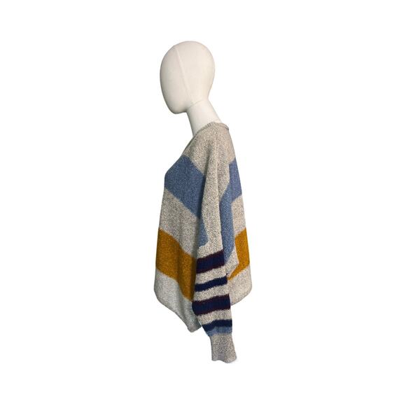 Favlux Oversized Striped Boucle Knit Sweater Gray Blue Mustard Large Cozy Soft - Picture 6 of 9